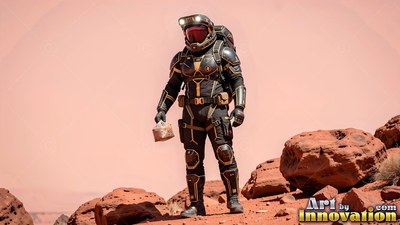 A dark armored spacesuit with headlamps walks across red desert rocks under a dusty sky