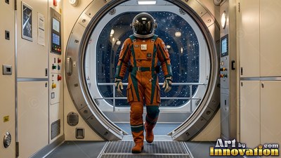 An astronaut in an orange suit walks through a round hatch under soft indoor light