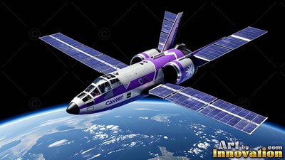Angled down over Earth, a purple and white spacecraft flies in orbit