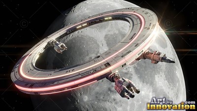 A circular white space station with red lights orbits a gray cratered moon