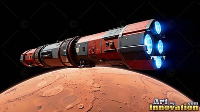 Orbiting a red cratered planet, a long red spaceship fires four blue engines into space