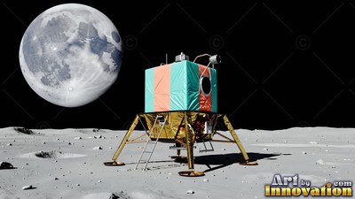 A teal and orange lunar lander on gray dust below a large moon