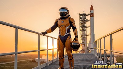 Bright orange armor pads on an astronaut standing on a metal catwalk near a rocket at dawn