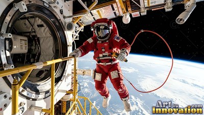 Floating outside a space station hatch, an astronaut in a red spacesuit holds a railing