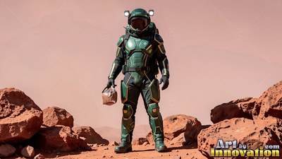 An astronaut in a green suit stands on a red rocky desert holding a small pouch