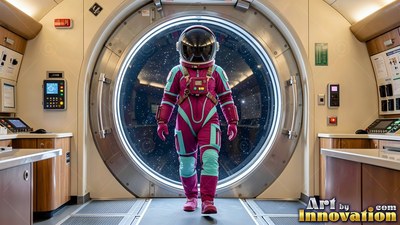 Inside a spaceship airlock, an astronaut walks forward in a purple suit