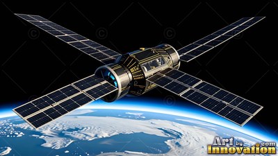 Orbiting above Earth, a black spacecraft extends four solar panels over the blue planet