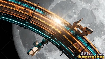 Curved space station with small ships near a gray moon