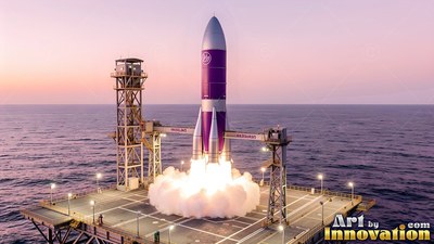 A purple and silver rocket fires white smoke on an ocean launch pad at dusk