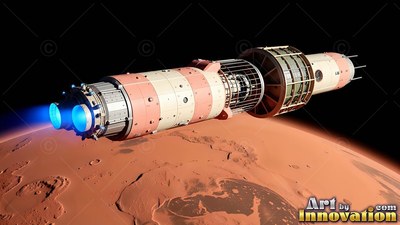 A spacecraft orbits over a red planet, firing blue flames from its twin engines