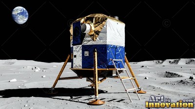 Resting on gold legs, a blue and silver lunar lander sits on the moon below Earth