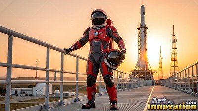 An astronaut in red and gray gear stands on a walkway near a rocket at sunset
