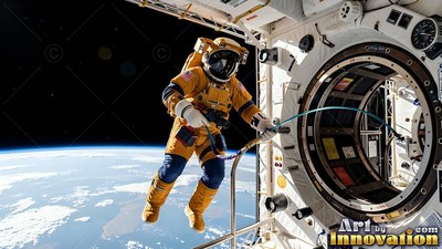Floating outside an open airlock, an astronaut in an orange suit drifts above Earth