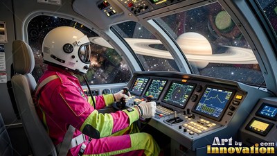 An astronaut pilots a spacecraft cockpit facing a ringed planet