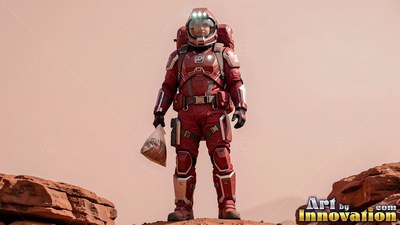 Helmet lamps shine from an astronaut in a dark red suit standing on dusty red rock terrain