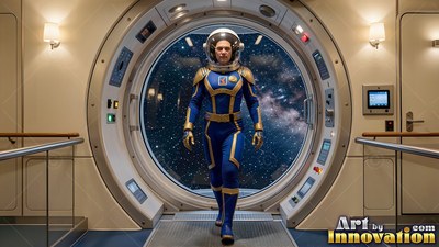 An astronaut walks through a round hatch under soft indoor wall lamps