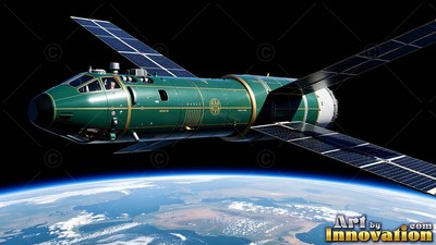 Angled downward, a green spacecraft flies high over the blue curve of Earth