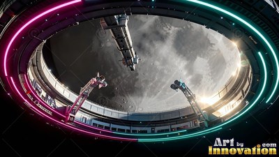 A round space station circles high above a gray moon with pink and green lights