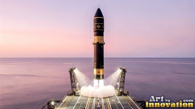 At dawn on an ocean platform, a black rocket lifts off in a cloud of smoke