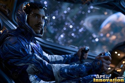 A clear helmet visor frames an astronaut steering a spaceship past a ringed planet