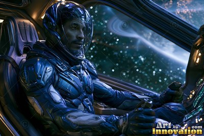 An astronaut steers a cockpit into deep space under cold blue starlight