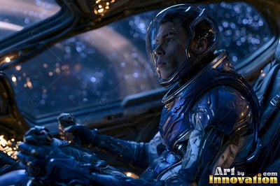 Seated in profile inside a cockpit, an astronaut in a blue suit pilots a craft