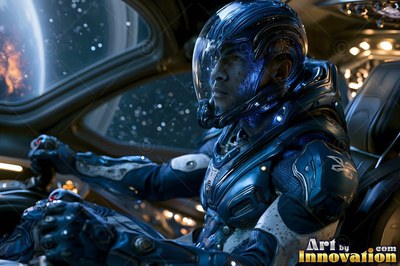 An astronaut in a blue spacesuit sits at the controls of a ship near an orange planet