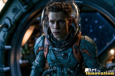 An astronaut in a teal and orange suit inside a spacecraft hatch