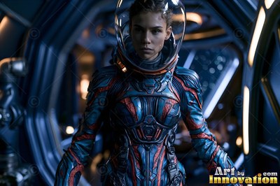 In a blue suit with red trim, an astronaut stands inside a dimly lit spaceship corridor