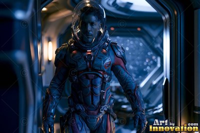 Facing forward in a dim spaceship doorway, an astronaut wears a dark spacesuit