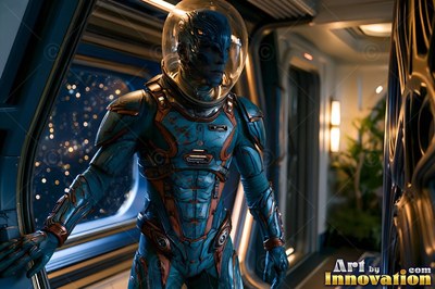A blue alien in a patterned spacesuit stands near a spaceship window overlooking stars