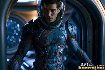In a dark spaceship corridor, an astronaut stands in a blue and orange suit