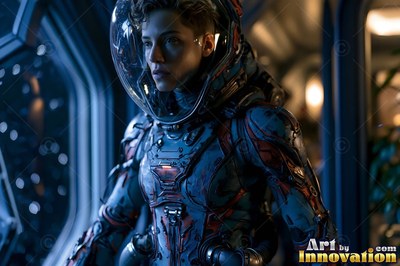 Standing inside a spaceship cabin, an astronaut wears a dark blue and red spacesuit
