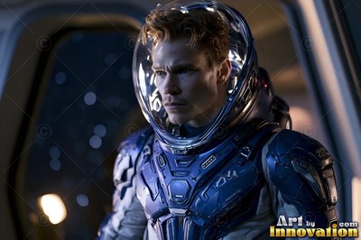 Astronaut wearing a blue spacesuit and clear helmet inside a cabin