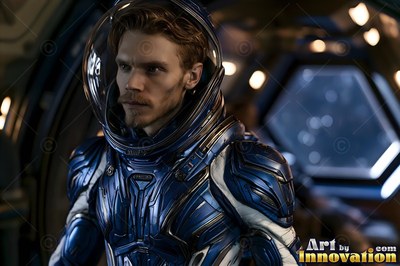 An astronaut in a blue spacesuit with a clear helmet inside a dimly lit spaceship cabin