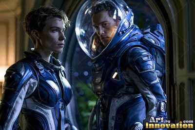Two astronauts in blue suits stand near a hatch in cool blue light