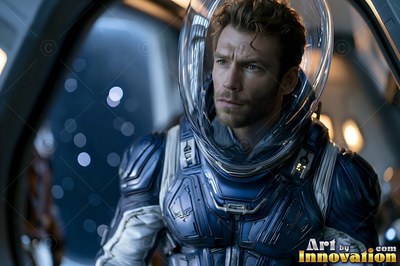 Inside a dark spaceship, an astronaut wears a blue suit with a clear helmet