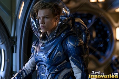 Gazing aside inside a spacecraft, an astronaut wears a blue suit with a clear dome helmet