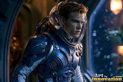 An astronaut in a blue spacesuit standing by a dark window