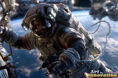 Helmet lights shine on an astronaut in a bulky white spacesuit outside an orbital station