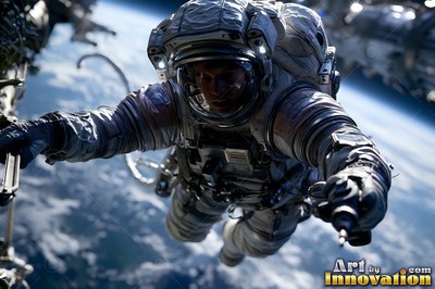 An astronaut drifts outside a spacecraft above Earth, illuminated by bright sunlight