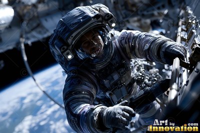 Tilted forward outside the spacecraft, an astronaut grips a metal rail