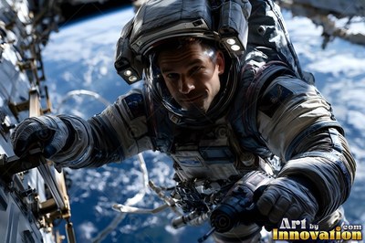 An astronaut in a white spacesuit climbs outside a station high above Earth