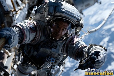 In open space outside a station, an astronaut reaches forward in a white suit