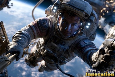 Floating in orbit, an astronaut in a white suit reaches toward metal beams over Earth
