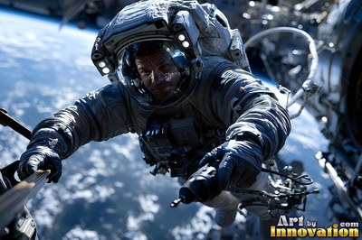 Astronaut in a gray suit on a spacewalk over Earth