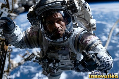 Clear glass visor on a white suit, an astronaut floating above the blue Earth