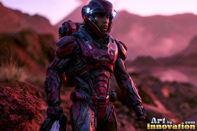 On a rocky red mountain, an astronaut in heavy red armor walks at dusk