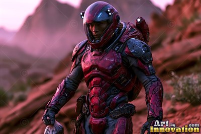 Walking across red hills, an astronaut wears a heavy crimson suit with a dark helmet visor
