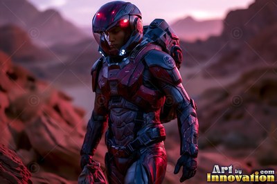 An astronaut in red armor walks down a rocky hillside in soft pink light